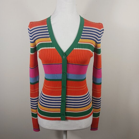 STAUD Cargo Cardigan, Ribbed Multi Color Stripes Stretch Knit, Size Small Fitted - Picture 6 of 15